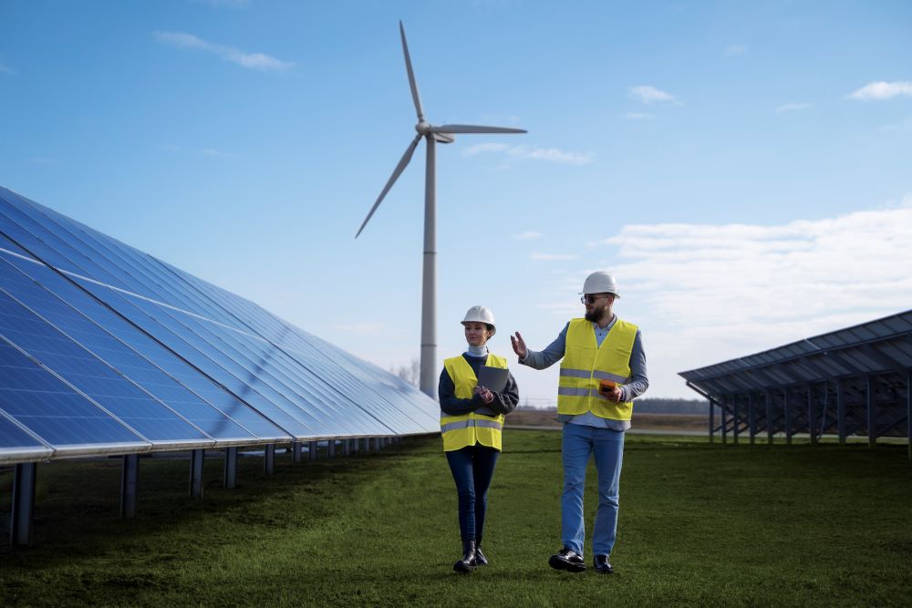 man en vrouw lopen langs zonnepanelen, met op de achtergrond een windmolen